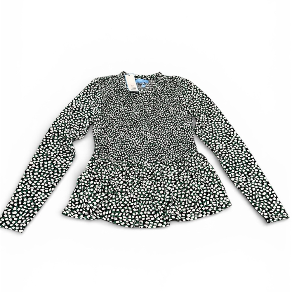 Draper James Women's Green, Black and White Smocked Peplum Top